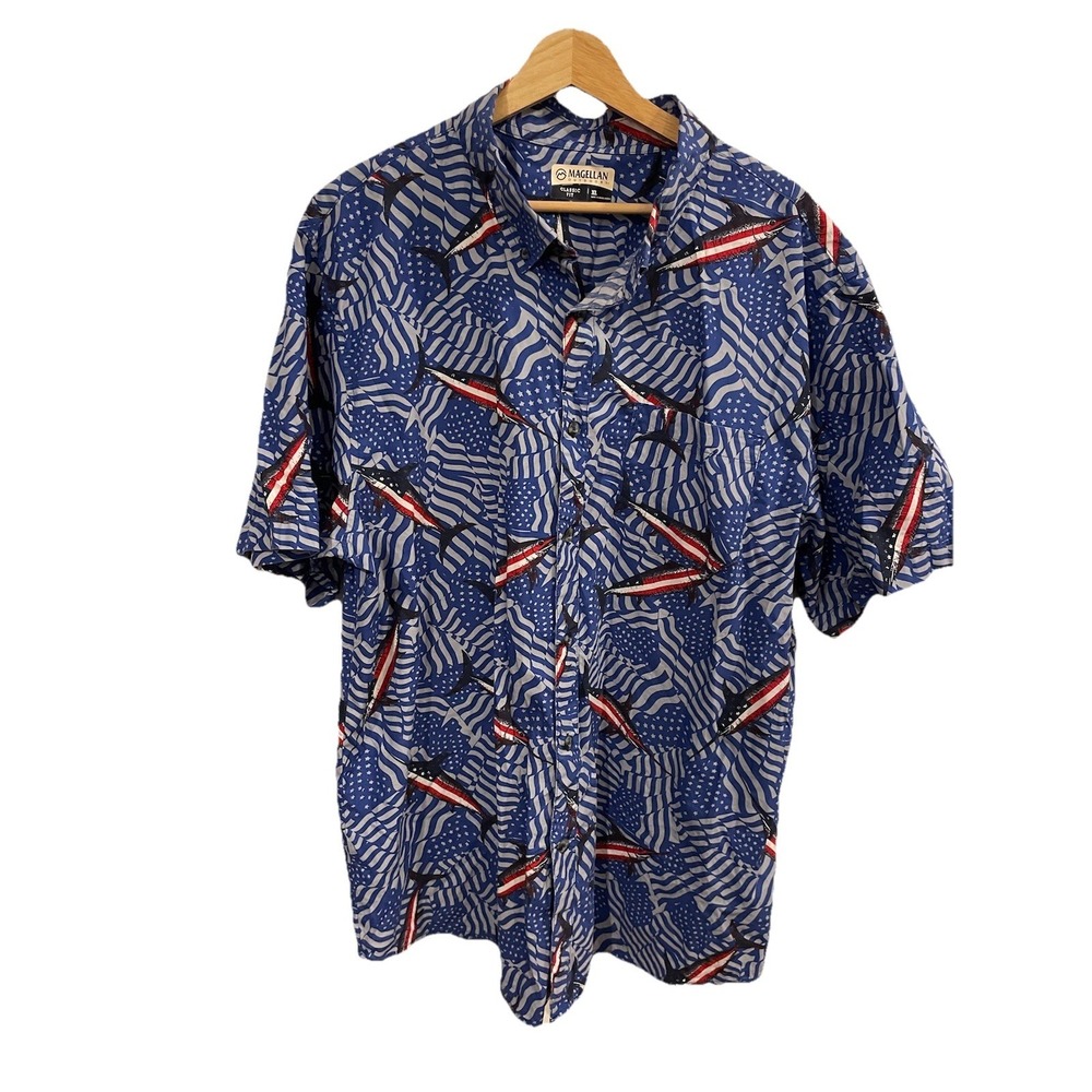 MAGELLAN OUTDOORS Mens Short Sleeve American Marlin Fishing Shirt‎ Button Up XL